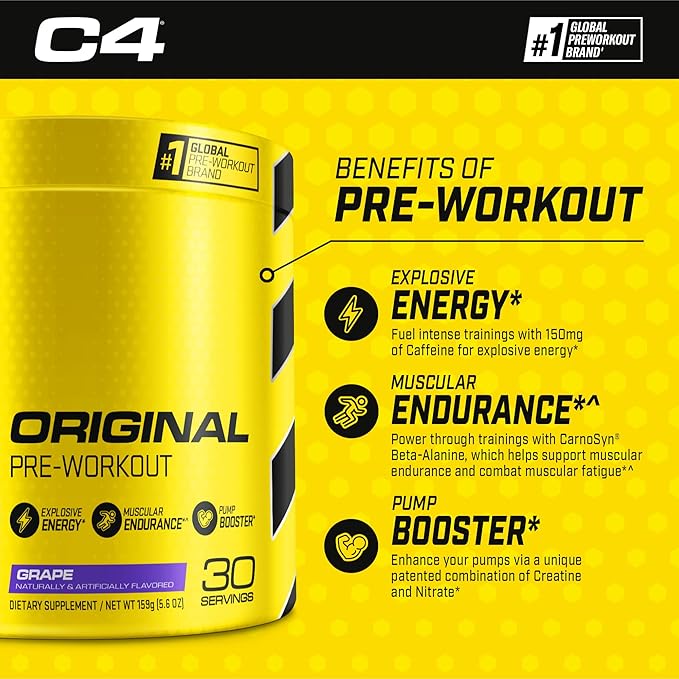 Cellucor Pre Workout &amp Creatine Bundle C4 Original Pre Workout Powder Grape 30 Servings + Cor Performance Creatine Powder 72 Servings