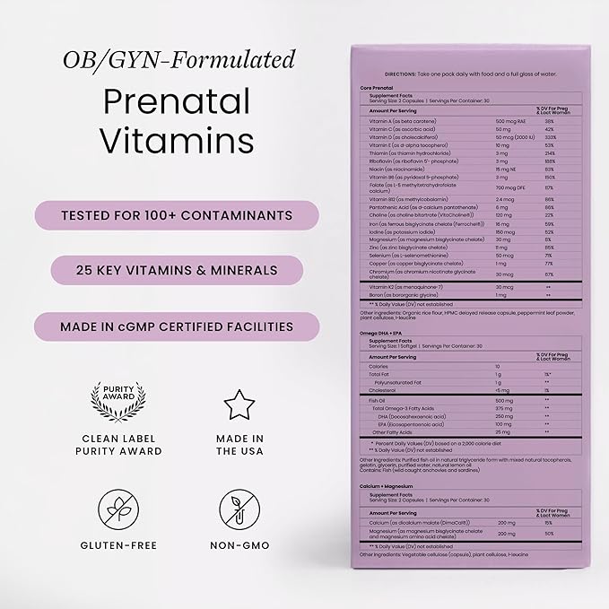 Perelel 2nd Trimester Prenatal Pack Multivitamin with Magnesium Omega 3 Iron &amp Calcium Nutritional Support for Second Trimester Wellness Soy &amp Gluten Free Non GMO 30 Daily Pill Packs