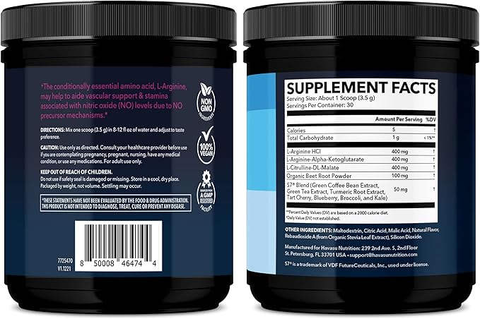 L-Arginine Powder - Nitric Oxide Supplement for Men and Women with L-Citrulline and Beet Root - Pre and Post Workout Support for Endurance and Recovery - Mixed Berry Flavor 1 Month Supply (30 Scoops)