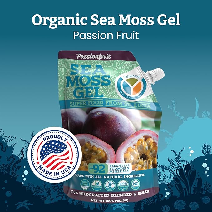 Yemayá Organic Sea Moss Gel Organic Raw | Wildcrafted Sea Moss Gel Enhanced with Real Fruit Boost Immunity Energy Digestion Hair Skin &amp Nails - 16 oz Passionfruit Flavor