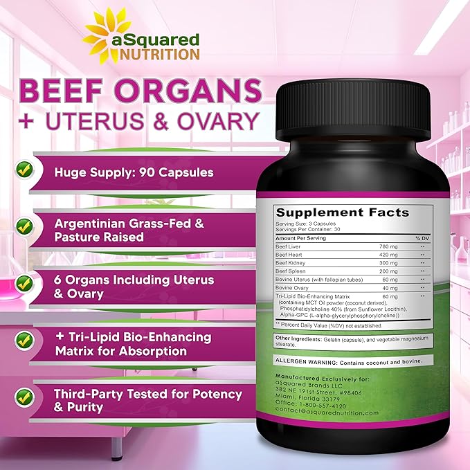aSquared Nutrition Beef Organ Supplement for Women - Grass Fed Liver Capsules - Ovary Uterus Kidney &amp Heart - Female Superfood - Women's Complex Pills for Energy &amp Health
