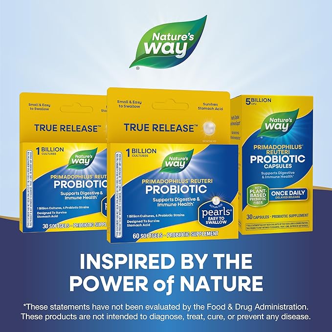 Nature's Way Primadophilus Reuteri Probiotic Pearls for Men and Women Digestive and Immune Health* 1 Billion Culture 4 Probiotic Strains Survives Stomach Acid 60 Softgels