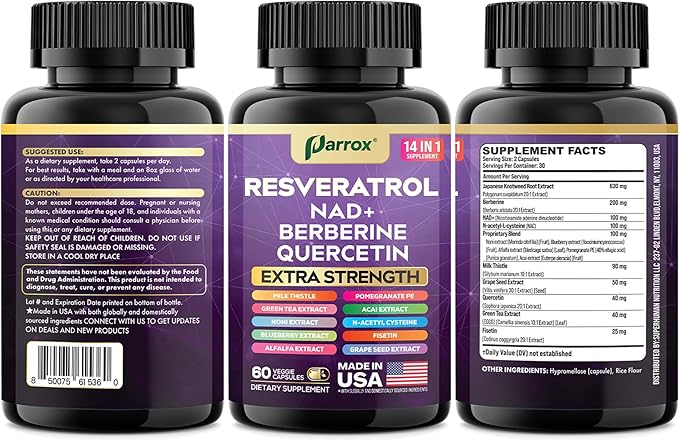 Resveratrol Supplement with Milk Thistle NAD Berberine Quercetin Fisetin Pomegranate Green Tea Noni Acai Blueberry Grape Seed Extracts N-Acetyl Cysteine 14-in-1 Extra Strength (60 Caps)