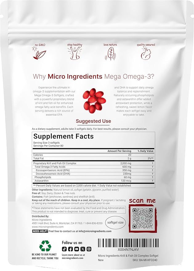 Mega Omega-3 Krill &amp Fish Oil 2000mg Equivalent 240 Softgels | Lemon Flavored | Burpless | Essential Fatty Acids &amp Astaxanthin | EPA 350mg + DHA 230mg | Heart &amp Brain Supplement