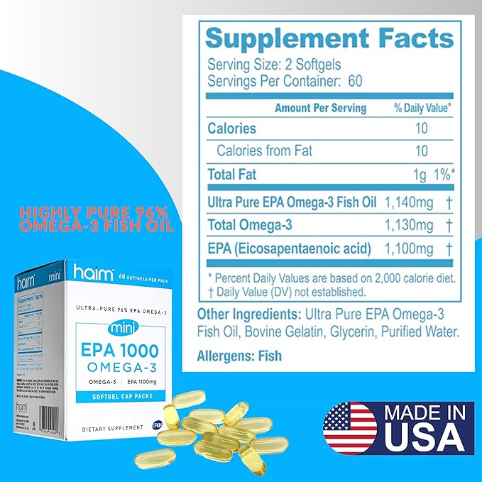 HAIM EPA1000 MINI – Pure EPA Fish Oil Supplement – 1000mg Omega-3 for Heart Brain &amp Joint Health – High Potency Burpless Softgels – Small Easy-to-Swallow Capsules – 60 Softgels – Made in USA