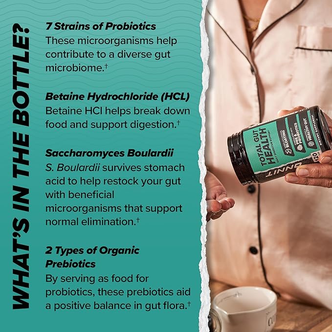 ONNIT Total Gut Health Daily Digestive Support IGEN Non-GMO Tested Digestion Supplement for Women and Men with 7 Strains of Probiotics Prebiotics Enzymes and Betaine HCL 120 Count