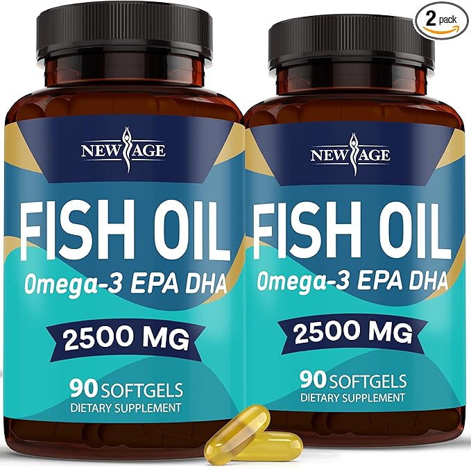 NEW AGE Omega 3 Fish Oil 2500mg Supplement Non GMO - EPA DHA Fatty Acids Gluten Free (180 Softgels (Pack of 2))