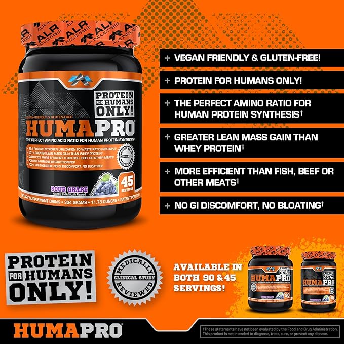 ALR Industries Humapro | Amino Acids Protein Matrix for Humans | 99% Utilization for Lean Muscle | Vegan Gluten Free | 45 Servings (Sour Grape)
