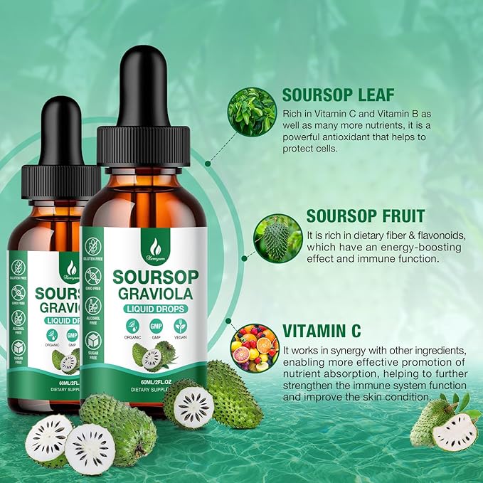 Soursop Bitters Liquid - 7 in 1 Soursop Graviola Liquid Drop Leaf Extract 4 Fl Oz (120ml) with Organic Sea Moss for Cell Support &amp Regeneration Liver Immune Boost Antioxidant (2 Pack)
