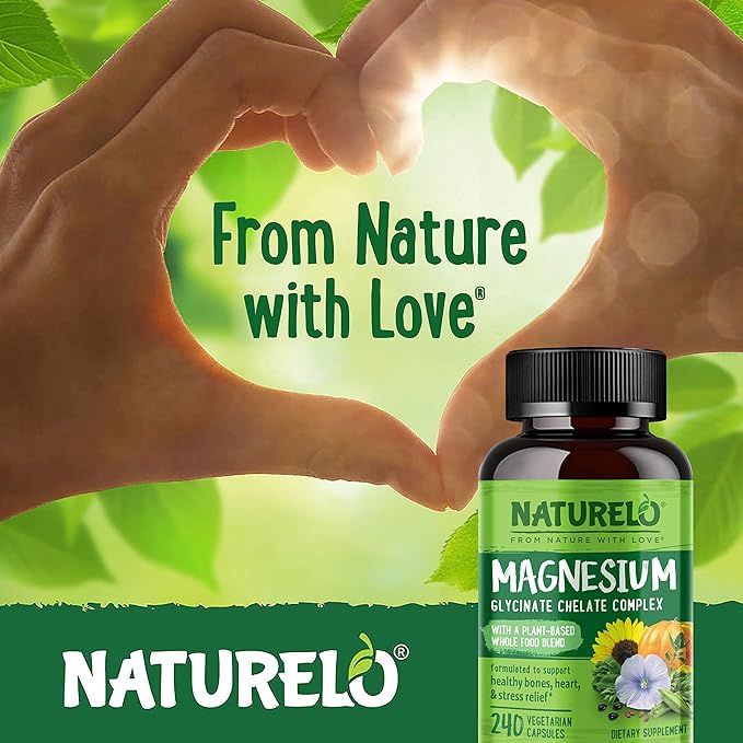 NATURELO Magnesium Glycinate Chelate Complex - 200 mg Magnesium with Organic Vegetables to Support Sleep Calm Muscle Cramp &amp Stress Relief - Gluten Free Non GMO - 240 Capsules