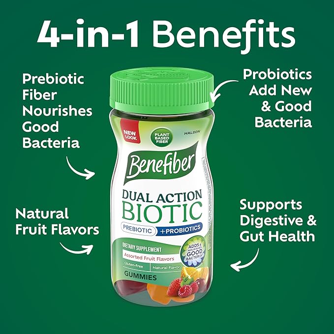 Benefiber Prebiotic GLP-1 Friendly Fiber Supplement Gummies with Probiotics for Digestive Health Assorted Fruit Flavors - 50 Count