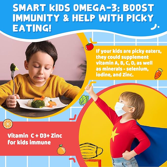 Omega 3 (EPA/DHA) Filled Gummies for Kids Teen with Multivitamin Calcium + D3 + K2 + Zinc Plus Vitamin A B1 B2 B12 C Selenium Iodine for Brain Eye Bone Energy No Fish Taste Sugar Free