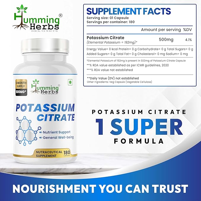 Potassium Citrate 500mg-192mg Elemental Potassium Per Serving-Non-GMO-180 Vegan Capsules