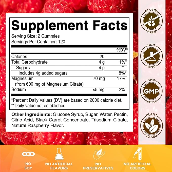 Vitamatic Magnesium Citrate Gummies 600mg per Serving - 240 Vegan Gummies - Natural Raspberry Flavor - High Absorption Magnesium Supplement - Supports Nerve Bone and Muscle Health