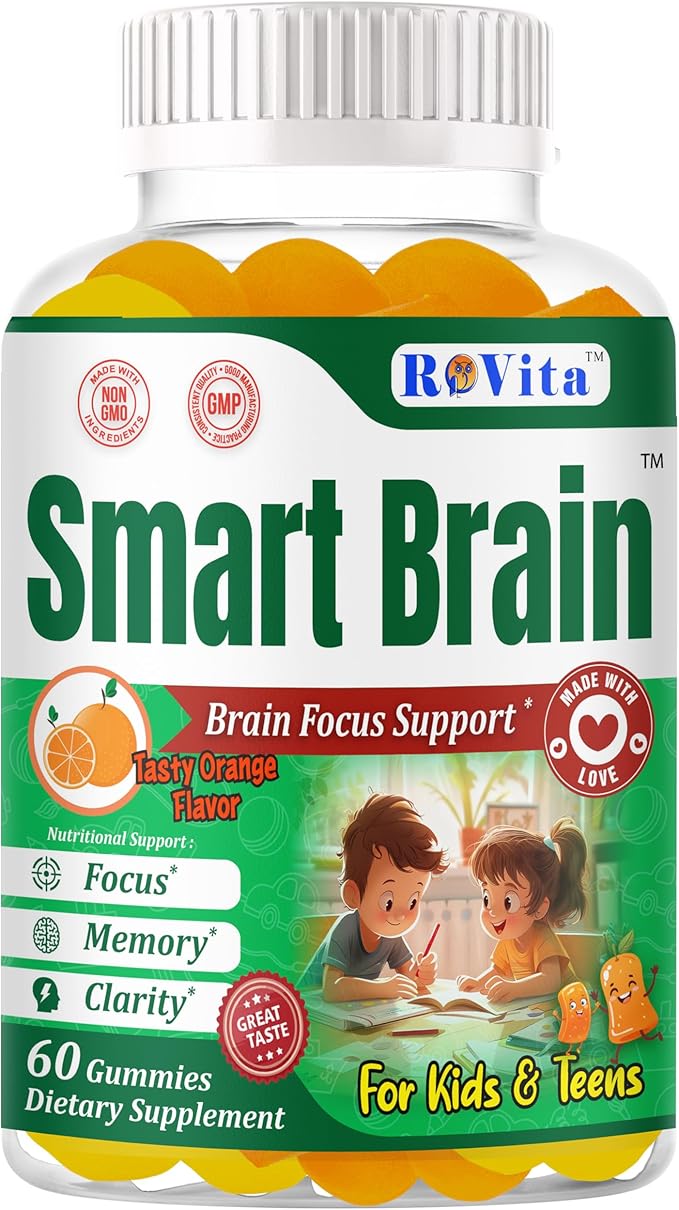 Smart Brain Kids Vitamin Gummies with Omega 3 DHA for Kids &amp Teens-Brain Support Focus Gummies for Kids - Omega 3 Brain Vitamins– Learning &amp Mental Clarity Support– 60 Gummies