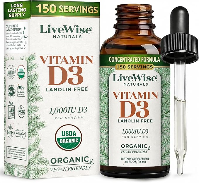 Live Wise Naturals Vitamin D3 1000 IU 25 MCG Drops - 150 Servings Ultra Concentrated Formulation Fast Absorption Vegan Organic MCT Oil Formula - Micro-Dosing Dropper for Bone &amp Immune Support