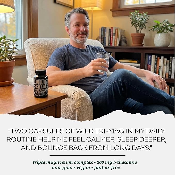 Wild Foods 3 in 1 Magnesium Glycinate L Theanine for Calm Sleep &amp Muscle Relaxation - Glycinate Malate Taurate - 100% Natural Magnesium Complex for Women and Men - 60 Capsules