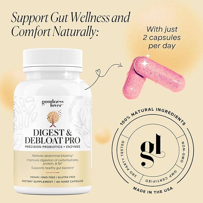 Goodness Lover Digest &amp Debloat Pro Natural Digestive Enzymes Probiotics for Bloating Relief and Gas Relief Probiotic Supplement for Women and Men Vegan Non-GMO 90 Capsules