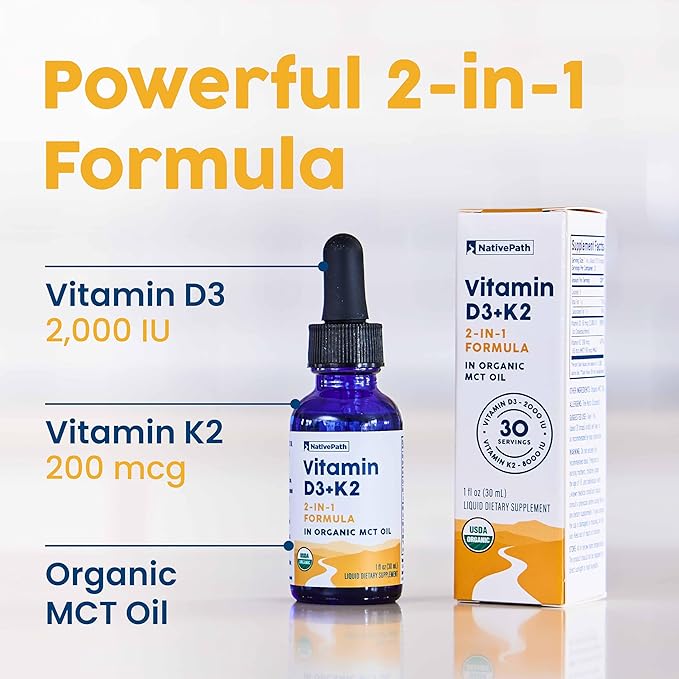 NativePath D3K2 Tincture – 2000IU Vitamin D3 and Vitamin K2 Supplement with Organic MCT Oil – 1 Fluid Ounce – Rapid Bioavailability Multi-Vitamin for Bone Strength and Total Body Wellness 30 Servings