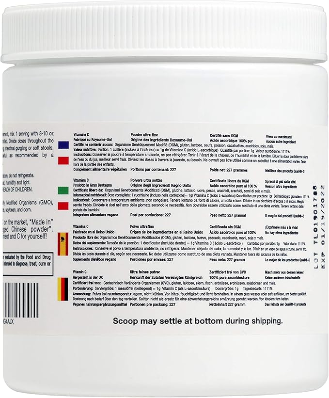 GMO Free Vitamins - Ultra Fine Non GMO Vitamin C Powder Made in UK - Highest Grade of Quali-C L-Ascorbic Acid for Maximum Bioavailability – Vegan (8 oz.)