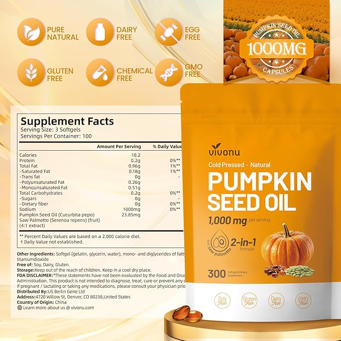 VivoNu Pumpkin Seed Oil with Saw Palmetto Capsules |Cold Pressed Pure Virgin OilEssential Fatty Acids &amp Phytosterols |300 SoftgelsSupports HairUrinaryBladder&ampProstate Health|Non-GMO