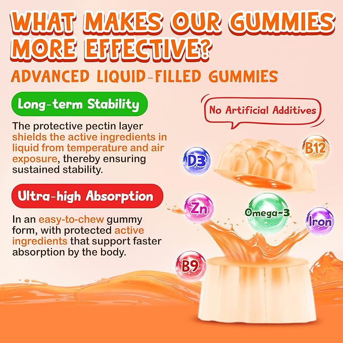 Kids Multivitamin Gummies - Vitamins A D3 K2 Methylated B-Complex with Omega-3 Iron for Immune &amp Development Support - Organic Mixed-Berry Flavor Multivitamins for Kids Daily - Sugar Free &amp