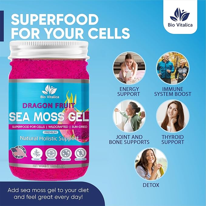 Sea Moss Gel by BioVitalica - Irish sea Moss raw Organic - Premium Quality - Dr Sebi Vegan superfood for Cells - 100% Natural Seamoss Gel (Pack of 1 Dragon)