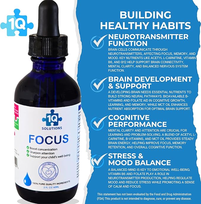 1Q Focus – Liquid Cognitive &amp Brain Support Natural Drops for Kids | Acetyl L-Carnitine + B1 B6 B12 &amp Folate | Sugar-Free Vegan Non-GMO Gluten-Free | Advanced Absorption | 2 fl oz 30 Serv
