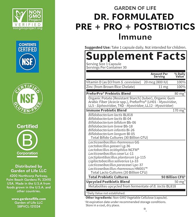 Garden of Life Dr. Formulated Pre Post &amp Probiotics Immune Support with Prebiotics &amp Postbiotics – 50 Billion CFU Gut &amp Digestive Health Support Zinc &amp Vitamin D3 Vegan 30 Day Sup