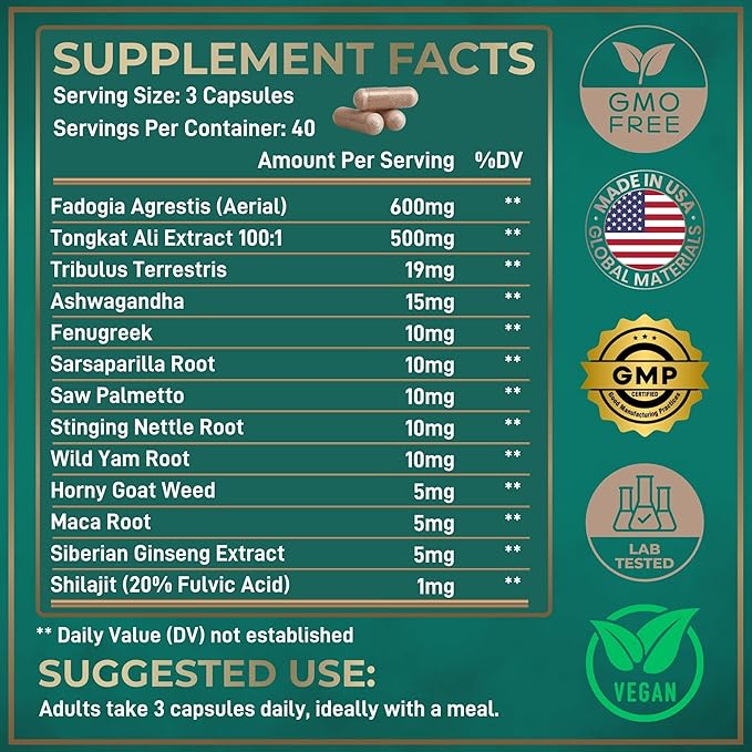 Fadogia Agrestis and Tongkat Ali Supplement - 600mg Fadogia Agrestis for Men 500mg Longjack Tongkat Ali Ashwagandha Maca Fenugreek Complex - Muscle Strength Energy Mood Support - 120 Capsules