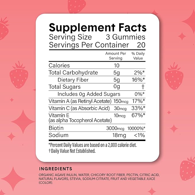 Bellway Super Fiber Gummies + Beauty – Sugar Free Fiber Supplement with Biotin &amp Vitamins A C E – Supports Digestive Health Skin Hair &amp Nails - 60 Count