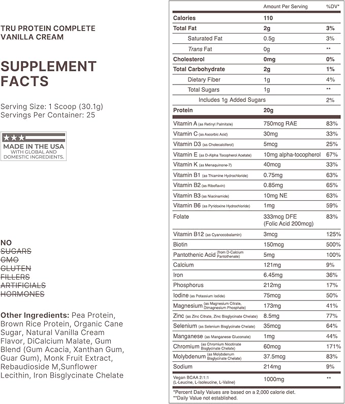 TRU Supplements Plant Based Protein Powder BCAA EAA 20g Vegan Brown Rice &amp Pea Protein 100 Calories 27 Vitamins No Artificial Flavors 25 Servings (Vanilla Cream)