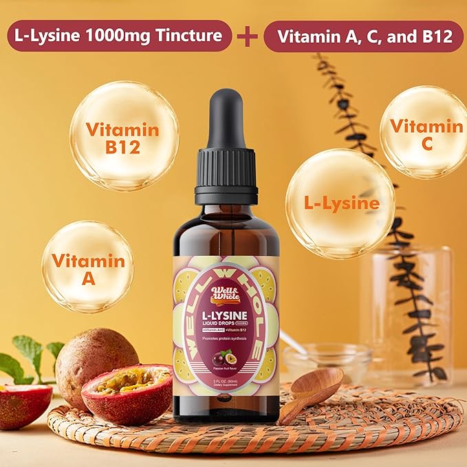 L-Lysine Supplement Liquid Drops | L-Lysine 1000mg Tincture with Vitamin A C and B12 for Adults &amp Kids | Immune Support Skin &amp Lips Health Collagen Synthesis | Non-GMO Vegan 4 Fl Oz (120