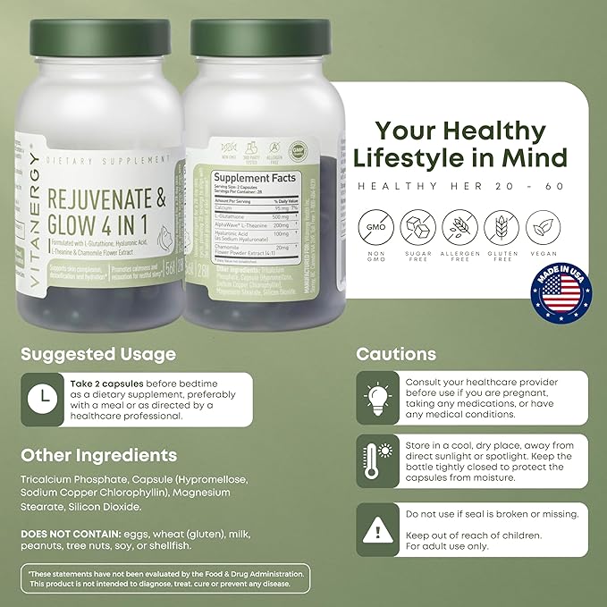 Vitanergy Beauty Sleep &amp Skin Glow Supplement – 4-in-1 Nighttime Support with L-Glutathione Hyaluronic Acid L-Theanine &amp Chamomile – Vegan Made in USA 56 Capsules