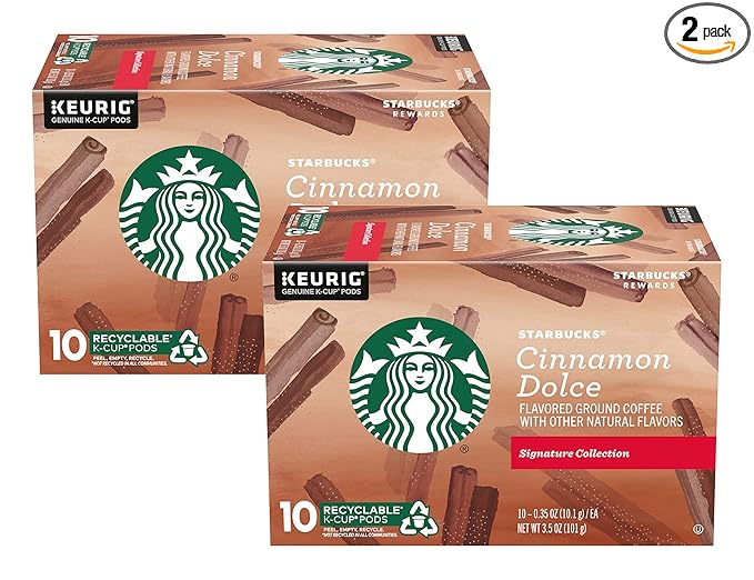Starbucks Flavored Ground Coffee K-Cup PodsCinnamon DolceFlavored Ground Coffee Signature CollectionRecyclable K-Cups10 K-Cup Pods/Box (Pack of 2 Boxes)10 Count (Pack of 2)