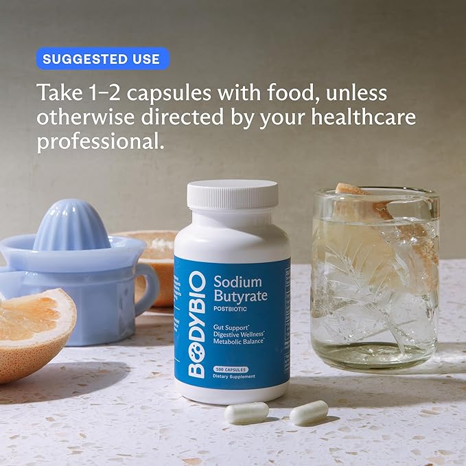 BodyBio Butyrate - Postbiotic for Gut Health Digestive Support Bloat Gas &amp Constipation Relief Leaky Gut Repair - Sodium + Butyric Acid Supplement for GI Wellness