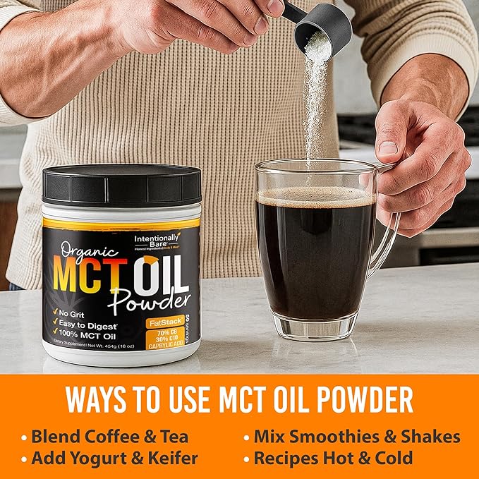 Intentionally Bare MCT Oil Powder - Unflavored Coconut Oil with 70% C8 and 30% C10 - MCT Oil for Clean Energy Brain Health Mood and Focus - Coconut C8 for Keto Paleo and Vegan Pills - 50 Servings