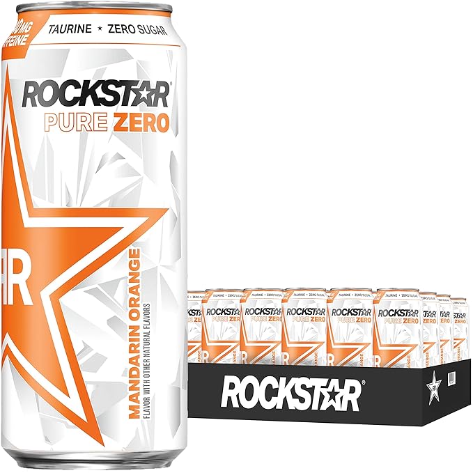 Rockstar Pure Zero Energy Drink Mandarin Orange 0 sugar with Caffeine and Taurine 16oz (Pack of 24) (Packaging May Vary)