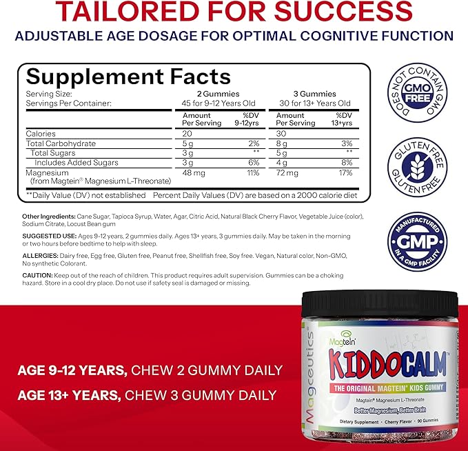 KiddoCalm Magnesium Gummies - Magtein Magnesium L-Threonate Gummy for Kids Focus Calm Sleep Attention &amp Brain Health Support Supplement for Children - 90 Vegan Gummies