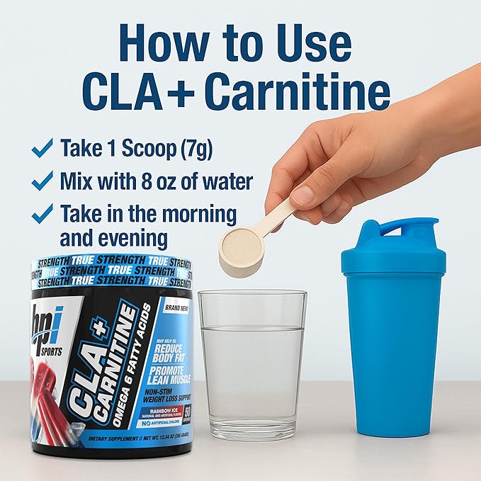 BPI Sports CLA + Carnitine Powder – Non Stimulant Fat Burner for Weight Loss Metabolism &amp Lean Muscle – Caffeine Free – Rainbow Ice – 50 Servings – 12.34 oz