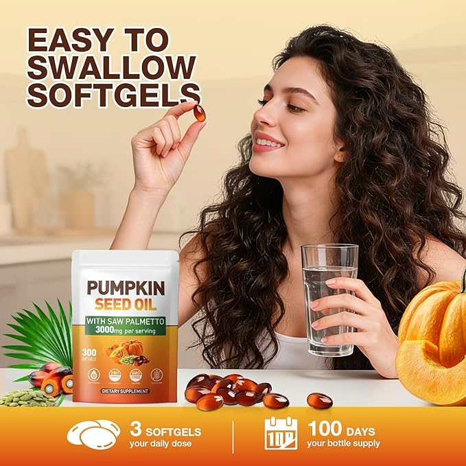 Pumpkin Seed Oil Capsules - Cold Pressed Pure Virgin Oil Essential Fatty Acids and Plant Sterols | 300 Capsules | Supports Hair Urinary Bladder and Prostate Health | Non-GMO
