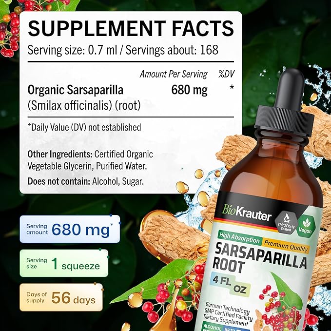 BIO KRAUTER® Sarsaparilla Root for Liver Support - Vegan &amp Pure Liver Supplement for Cleanse 680 mg per Serving - Natural Sarsaparilla Extract - 4 Fl.Oz 56-Day Supply Alcohol &amp Sugar Free