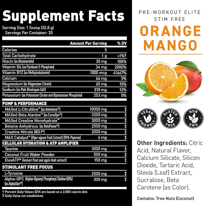 Kaged Pre Workout Elite Stim Free Powder | Orange Mango | Creatine Beta Alanine L-Citrulline | No Caffeine | 20 Servings