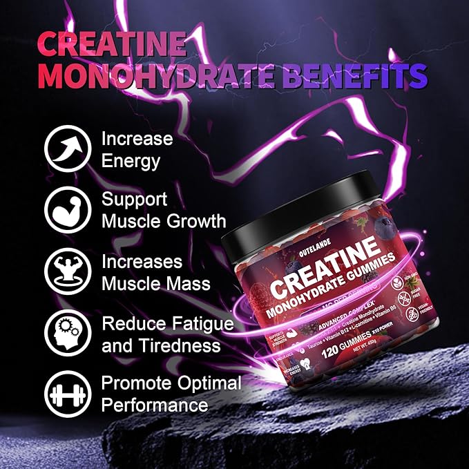 Creatine Monohydrate Gummies 8000 mg for Men &amp Women Creatine Supplement for Enhanced Muscle Growth Energy Boost - with L-Taurine Sugar Free Vegan Raspberry BlackBerry Blueberry Flavor-120 Co