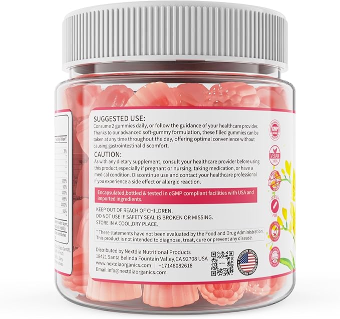 Nextdia Inositol Gummies Supplement with Evening Primrose Oil for Women - 40:1 Ratio Myo-Inositol 2000mg &amp D-Chiro Inositol 50mg with VIT D3 B12 &amp Zinc Sugar-Free for Natural Balance Vegan (