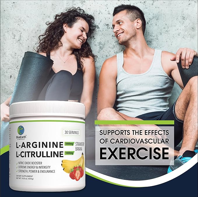 L-Arginine 5000mg + L-Citrulline Complex Powder Supplement Drink Mix - Nitric Oxide Booster for Heart Health Blood Flow &amp Energy - 30 Servings (Strawberry Banana)
