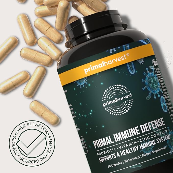 Primal Harvest Immune Defense 10-in-1 Supplement with Probiotics Zinc and Vitamins C D3 K2 B6 Daily Immune Support for Adults