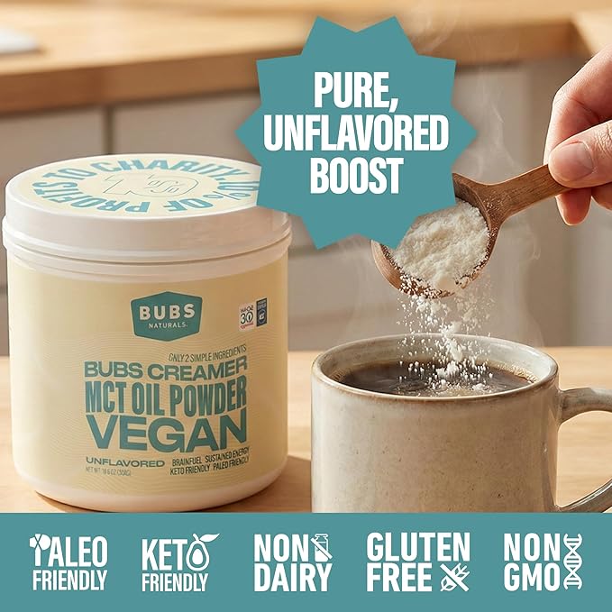 BUBS Naturals MCT Oil Powder - Premium MCT Oil &amp Keto Coffee Creamer - Vegan &amp Paleo Friendly - Healthy Coconut Fats + Low Carb - Dairy-Free Energy Source for Shakes Smoothies &amp Baking (1