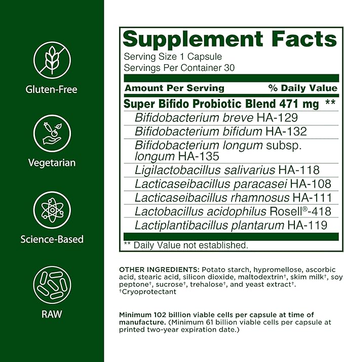 Flora Super Bifido Plus 102 Billion CFU Raw Probiotics for Men &amp Women Bifidobacterium Lactobacillus Digestion IBS Immune System Gut Balance Supplements - 30 Vegetarian Capsules