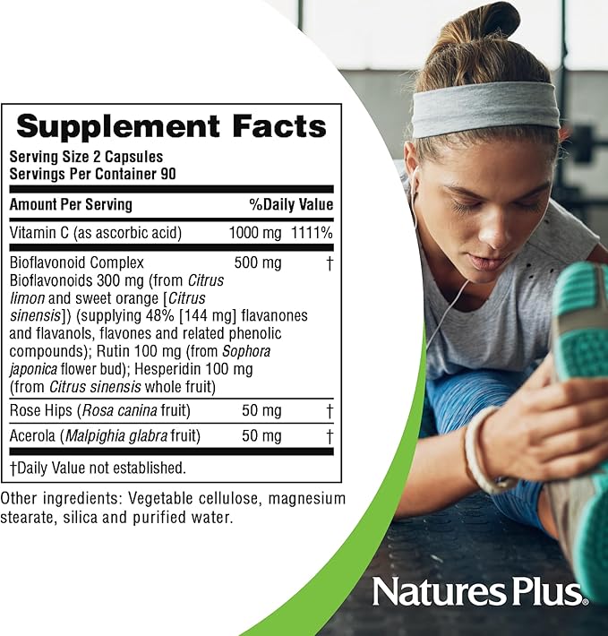 NaturesPlus Super C Complex - 180 Capsules Pack of 2 - with 1000 mg Vitamin C &amp 500 mg Bioflavonoids - Vegan Gluten Free - 180 Total Servings